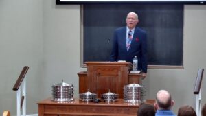 Speaker at the pulpit during a Sunday morning sermon on end times