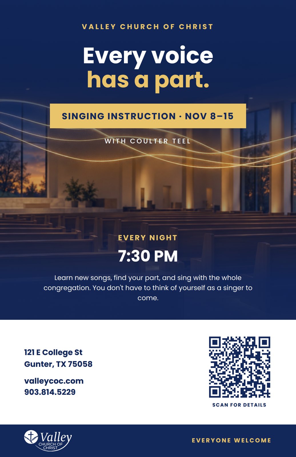 Flyer: Singing instruction with Coulter Teel, November 8–15, every night at 7:30 PM, Valley Church of Christ