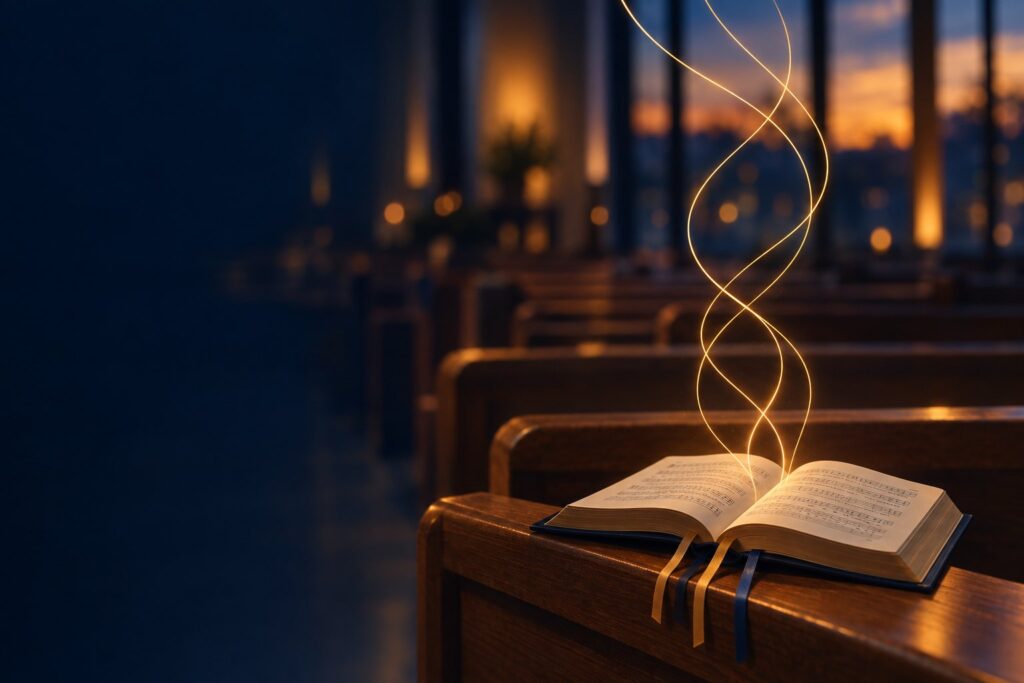 An open hymnal on a wooden pew with ribbons of gold light rising from its pages